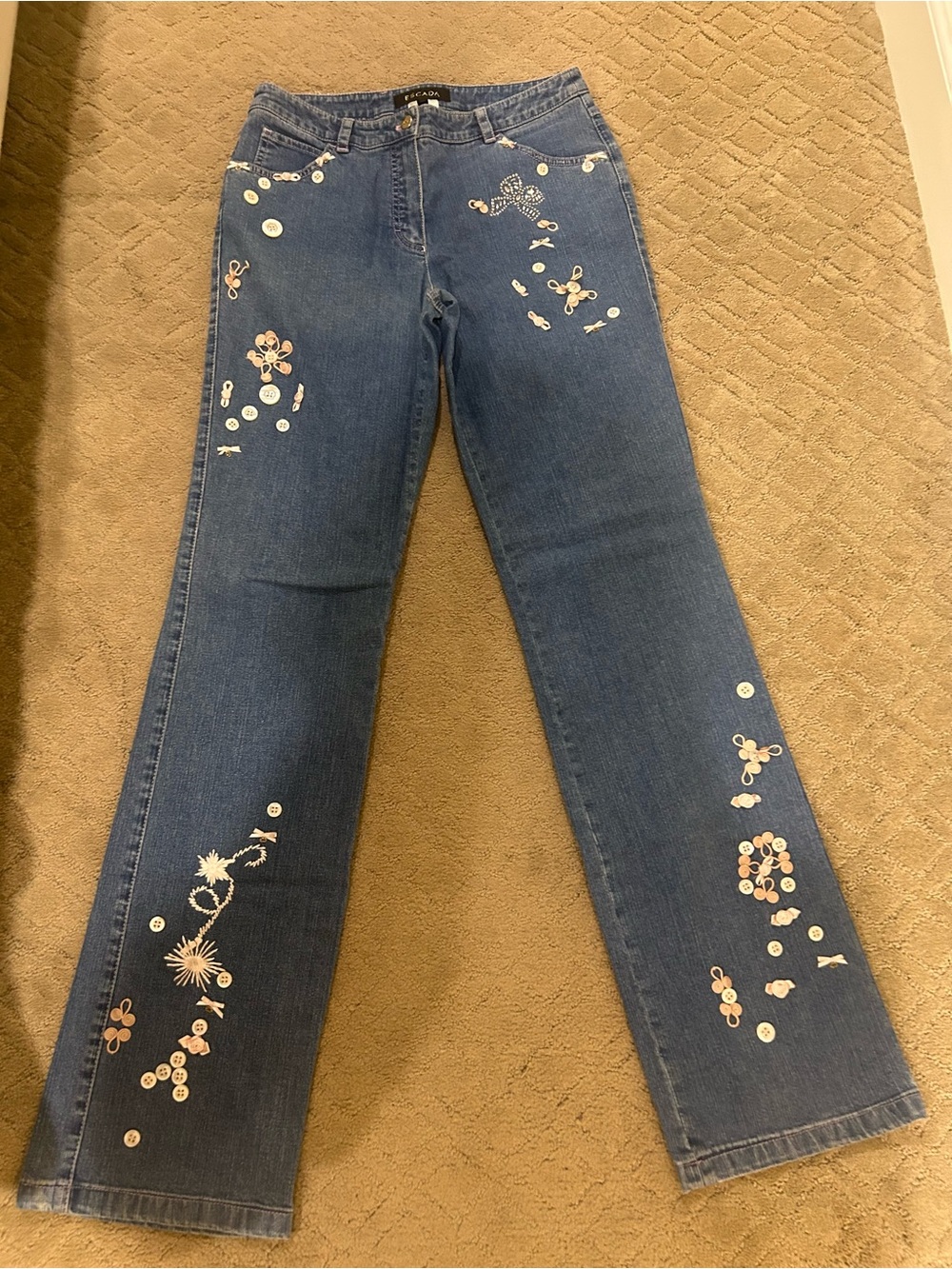 Escada Blue Embroidered Flare Jeans with Button Accents size 38